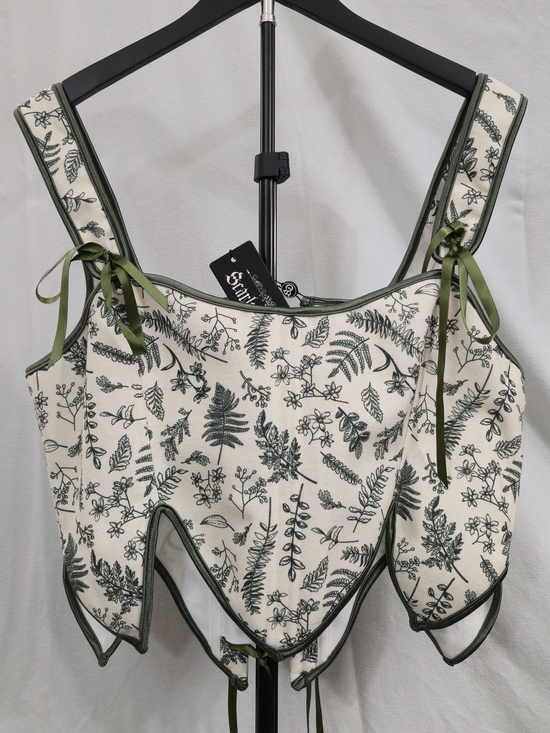 Scarlet Darkness Tops - Botanical Print Cream & Olive Tie-Strap Corset Top